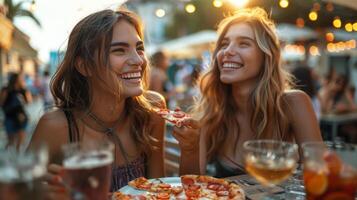 ai generato uomo e donna mangiare Pizza a tavolo foto