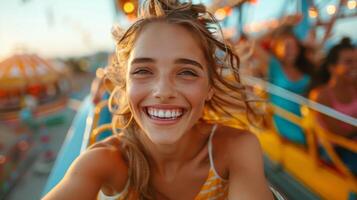 ai generato donna sorrisi equitazione rullo sottobicchiere foto