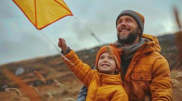 ai generato uomo e bambino volante aquilone foto