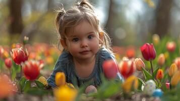 ai generato poco ragazza giocando nel erba con fiori foto