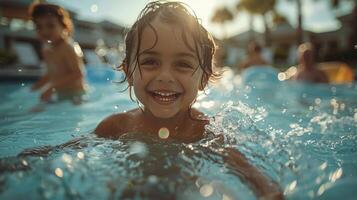 ai generato giovane ragazza sorrisi nuoto nel piscina foto