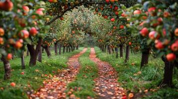 ai generato sporco strada tra alberi e arance foto