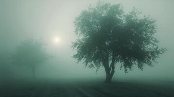 ai generato nebbioso campo con solitario albero foto