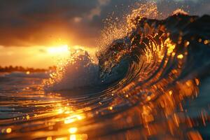 ai generato un' vicino su di un oceano onda con il sole splendente sopra esso foto