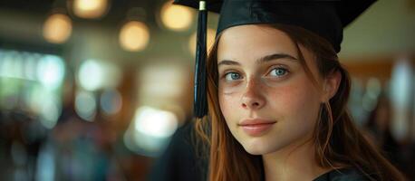 ai generato un' giovane donna indossare un' la laurea toga è indietro nel vista foto