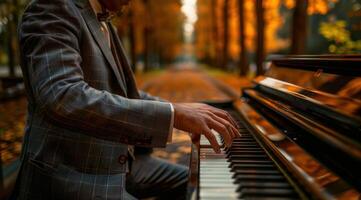 ai generato un' uomo nel un' completo da uomo giochi un in posizione verticale pianoforte foto