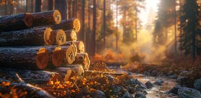 ai generato logs impilati con il sole splendente dietro a loro nel il foresta foto