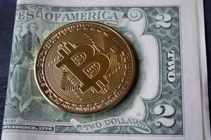 d'oro bitcoin e dollari nel maschio mano su un' buio blu di legno sfondo. oro moneta di criptovaluta. foto
