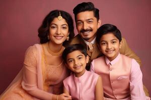 ai generato illustrazione foto ritratto di bellissimo indiano famiglia. genitori con bambini su studio sfondo