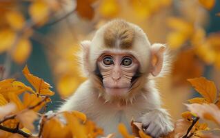 ai generato interessato scimmia ispezionando attraverso autunno fogliame foto