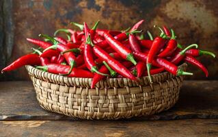 ai generato un' pastorale cestino laden con Impressionante rosso chili peperoni foto