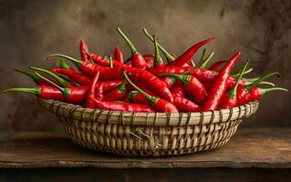 ai generato un' nazione stile cestino traboccante con radiante rosso chili peperoni foto