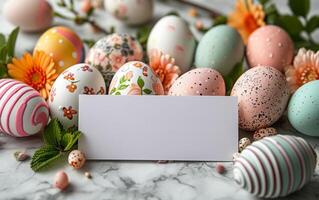 ai generato ad arte disposte Pasqua uova con camera per testo foto