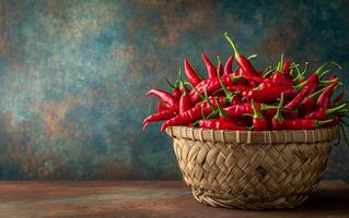 ai generato un' rurale cestino ammucchiato con raggiante rosso chili peperoni foto