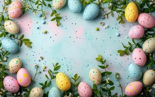 ai generato blu sfondo circondato di Pasqua uovo telaio foto