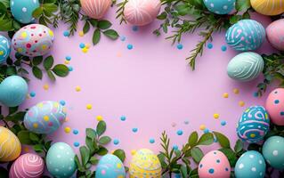 ai generato rosa fondale con Pasqua uovo decorazione foto
