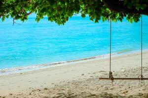 legna swing di bellissimo su tropicale spiaggia sfondo come estate paesaggio per viaggio nel vacanza rilassare tempo foto