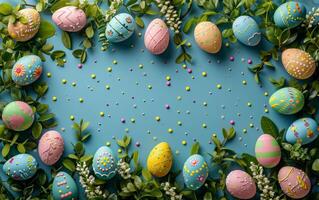 ai generato Pasqua uovo confine contro un' blu sfondo foto