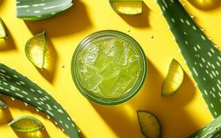 ai generato un' dinamico fotografia raffigurante un Aperto vaso pieno con fresco aloe Vera gel foto