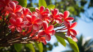 ai generato vivace rosa plumeria fiori nel luce del sole foto