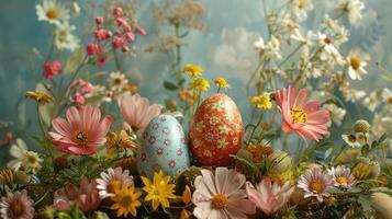 ai generato un' delizioso Pasqua uovo Schermo contro un' fondale di fioritura primavera fiori foto