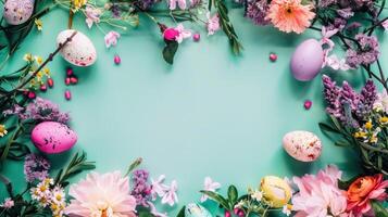 ai generato un' vivace Pasqua scena con fioritura fiori, dipinto uova, e un' centrale testo spazio foto