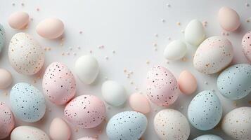 ai generato un' minimalista scena con un' dispersione di colori pastello Pasqua uova e camera foto