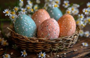 ai generato colorato Pasqua uova nel un' cestino con bianca fiori su un' di legno tavolo foto