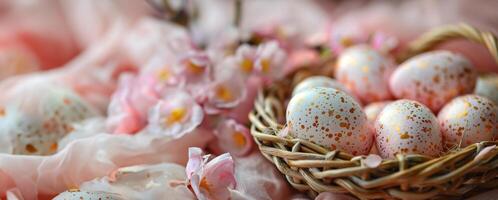 ai generato cestino con dipinto Pasqua uova su rosa sfondo foto