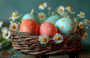 ai generato colorato Pasqua uova nel un' cestino con bianca fiori su un' di legno tavolo foto