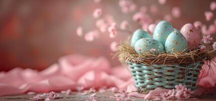 ai generato colorato Pasqua uova nel un' cestino su rosa sfondo foto