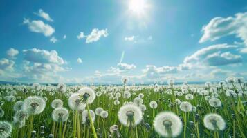 ai generato un' campo di denti di leone sotto un' blu cielo e sole foto