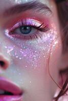 ai generato bellissimo giovane donna avvicinamento ritratto con luminosa rosa labbra lungo nero ciglia e luccichio su sua viso. foto