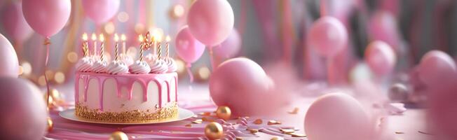 ai generato un' compleanno torta nel rosa ornato con d'oro candele e palloncini foto