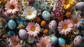 ai generato a tema pasquale fondale con primavera fiori e Pasqua uova. foto