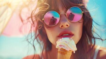 ai generato un' moda avvicinamento ritratto all'aperto con un' giovane fricchettone ragazza godendo ghiaccio crema nel il estate calore foto