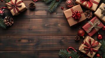 ai generato Natale decorazioni impostato contro un' di legno sfondo. foto