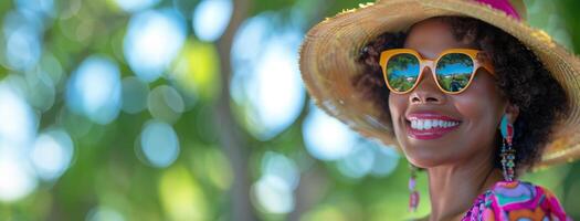 ai generato elegante maturo donna nel un' cappello da sole e occhiali da sole, tropicale sfondo. foto