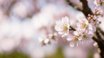 ai generato fioritura ciliegia albero rami bianca fiori avvicinamento su sfocato astratto sfondo. foto