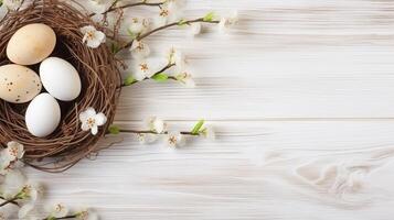 ai generato Pasqua sfondo con Pasqua uova nel il nido su rustico di legno sfondo. superiore Visualizza con copia spazio. foto
