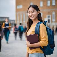 ai generato bellissimo giovane signora trasporto sua libro con sua sinistra mano e con un' blu Borsa. un' femmina alunno trasportare scuola Borsa e taccuino nel sua sinistra mano foto