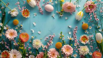 ai generato a tema pasquale fondale con primavera fiori e Pasqua uova. foto