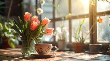 ai generato un' accogliente Immagine di un' caffè tazza nel un' giardino bar, con un' mazzo di tulipani su il tavolo e un' caldo primavera brezza foto