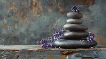 ai generato ancora vita composizione nel un' terme ambientazione con un' pila di pietre e lavanda foto