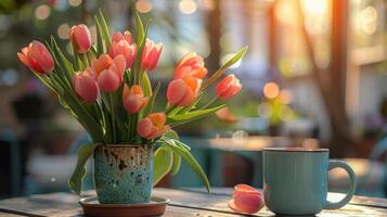 ai generato un' accogliente Immagine di un' caffè tazza nel un' giardino bar, con un' mazzo di tulipani su il tavolo e un' caldo primavera brezza foto