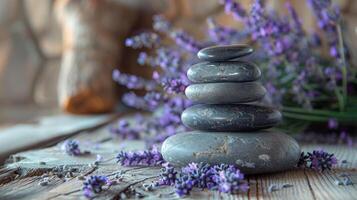 ai generato ancora vita composizione nel un' terme ambientazione con un' pila di pietre e lavanda foto