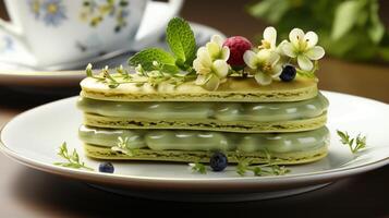 ai generato matcha tortino Pasticcino dolce merenda per tè tempo foto