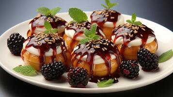 ai generato mora mini torta crostata con vaniglia crema guarnizione foto