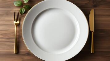ai generato vuoto piatto piatto posare vasellame per cenare tavolo foto
