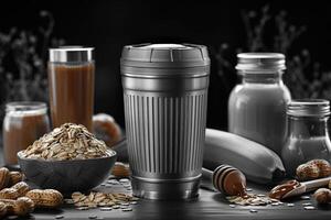 ai generato un' proteina shake pieno con un' frullato professionale pubblicità cibo fotografia foto